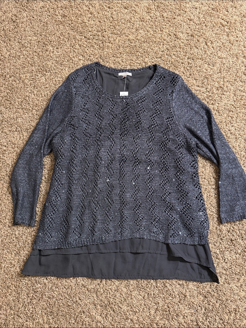 Roz & Ali Dark Navy Open-Knit Crewneck Sweater with Chiffon Hem
